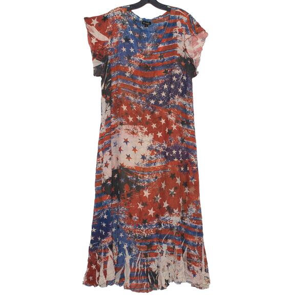 Cal Style Dress Sheer Patriotic Americana Flag Festival Y2K Midi Red Blue XL - Picture 1 of 5